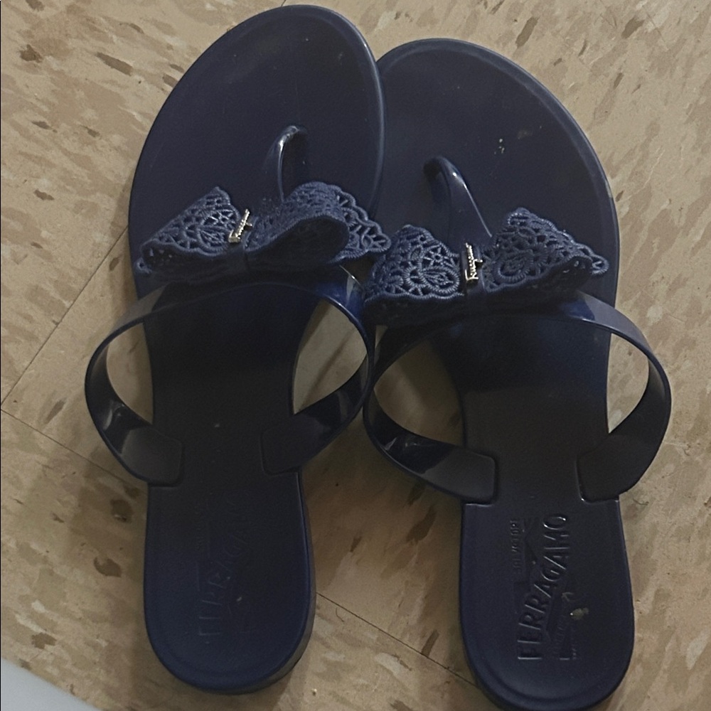Salvatore Ferragamo Dark Blue Bow Sandals